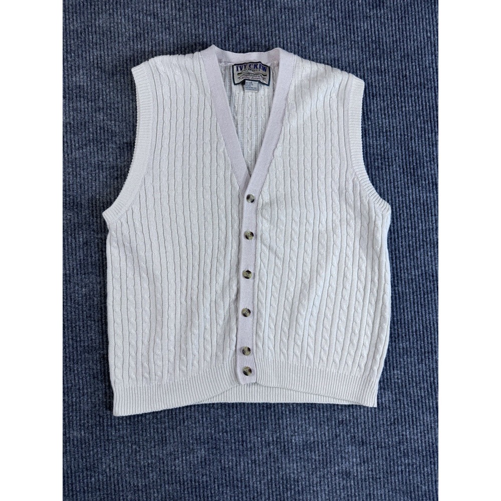 Vintage Ivy Crew White Cable-Knit Ramie Cotton Sweater Vest Button V-Neck Size L - Picture 1 of 5